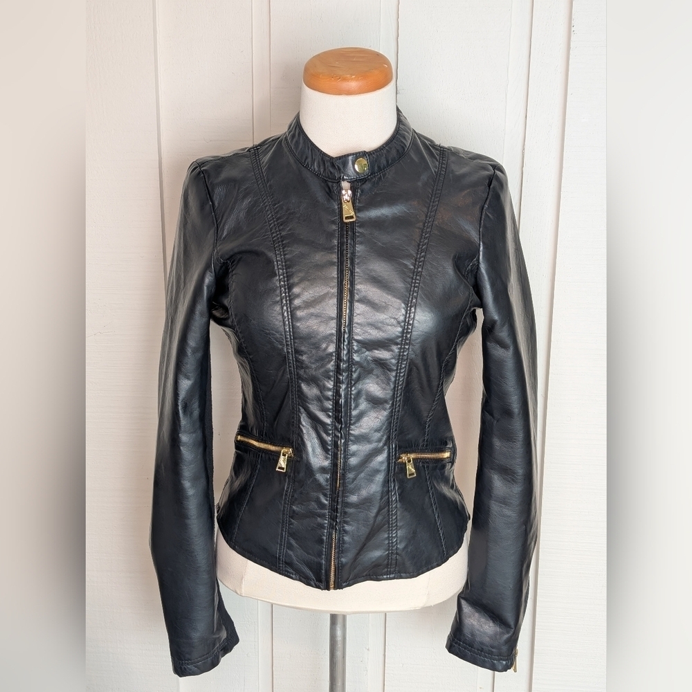 Therapy Faux Leather Jacket Lined Biker Moto Brassy Gold Accents Women Size S - Picture 4 of 17